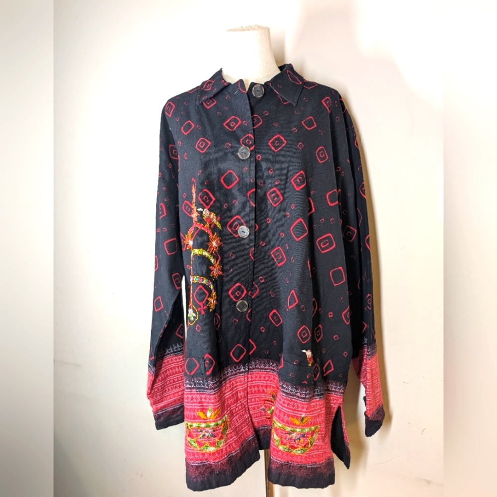Chico's Black Printed Embroidery Button Down Jacket